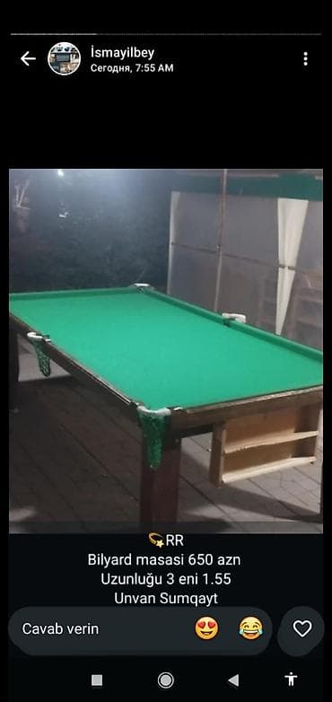 Blyardo masasi. Uzunluğu 3. Eni 1. 55 Eni . Sumqayit. Quymet 650