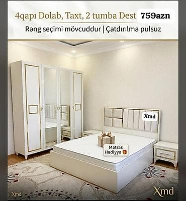taxt ucun matraslar: Yataq otağı dəsti: 4 qapılı dolab, taxt, 2 tumba - Rəng seçimi — 1
