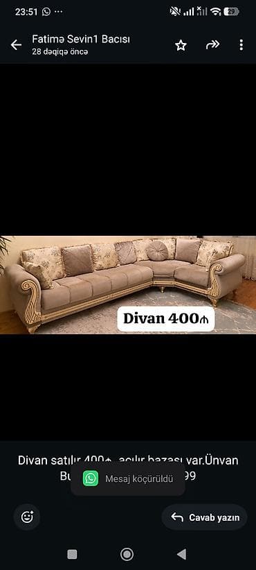 Divan satılır 400₼. açılır bazası var.Ünvan Buzovna. 4118. Fatimə99