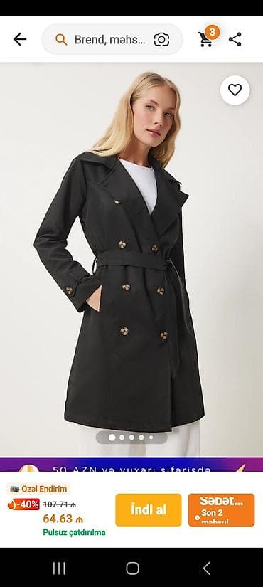 panço: Qadın üçün qara trençkot - Dizayn: İkiqat düyməli (double-breasted) — 1