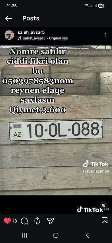 avto aksesuarlar: Satılır: Azərbaycan dövlət qeydiyyat nişanı 10-OL-088 - Tip — 1
