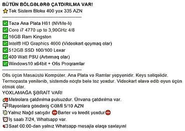 Prosessorlar: BÜTÜN BÖLGƏLƏRƏ ÇATDIRILMA VAR! ⭐Tək Sistem Bloku 400 yox 335 AZN — 2