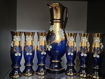 mavi ladin: Qızılı-naxışlı mavi şüşə servis dəsti - Tərkibi: 1 ədəd sürahi və 6 — 1