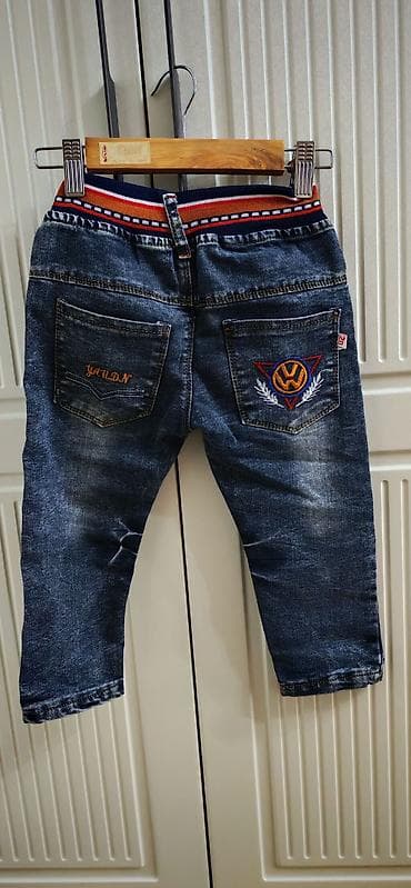Uşaq cins şalvarı - Tünd mavi yuyulma effektli denim - Rəngli elastik — 2