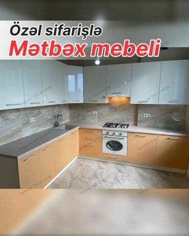 metbex ucun divan: Özəl sifarişlə mətbəx mebeli - L formalı dizayn: alt şkaflar açıq — 1