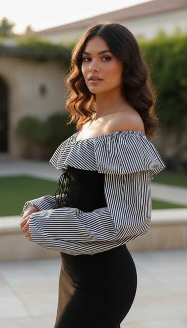 Digər qadın geyimləri: Zolaqlı uzunqol bluz-korset - Dizayn: Qara korset hissəsi və ağ-qara — 1