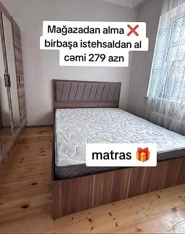 islenmis matras: Yataq dəsti – ikinəfərlik taxta karkaslı çarpayı + hədiyyə matras - — 1