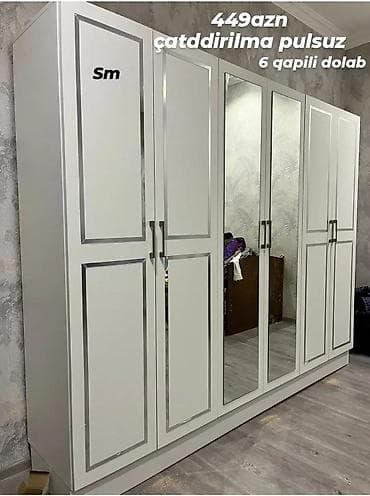 dolab paltar: 6 qapı, Güzgülü, Ağ, Açılan, Düz dolab — 1