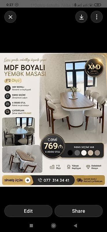 stullar ev ucun: MDF boyalı yemək masası və 6 ədəd stul dəsti - Ölçü: 1×2 m - — 1