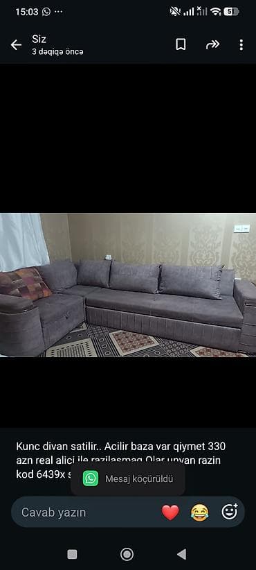 Kunc divan satilir. Acilir baza var qiymet 330 azn real alici ile
