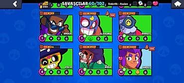 kohne pullar: Brawl Stars hesabı – 60/102 döyüşçü - Kolleksiya: 60 döyüşçü açıq — 2