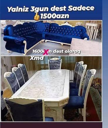 Məhsul: Mebel dəsti - Künc divan: Tünd mavi, məxməri parça. Qol