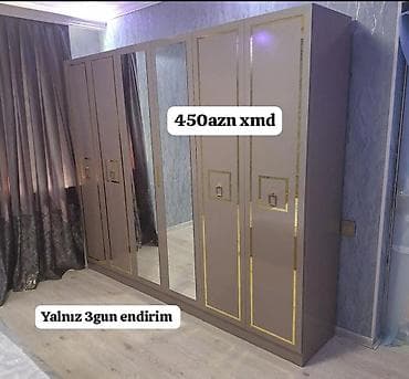 Güzgülü qarderob şkaf - Rəng: bej-qızılı detal - Ön tərəfdə tam