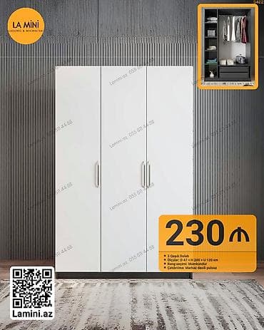 3 qapılı, Siyirməli, Ağ, Açılan, Düz dolab