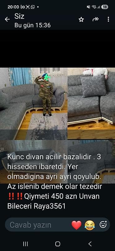 Künc divan – açılır və bazalı model. - 3 hissədən ibarətdir, modullar