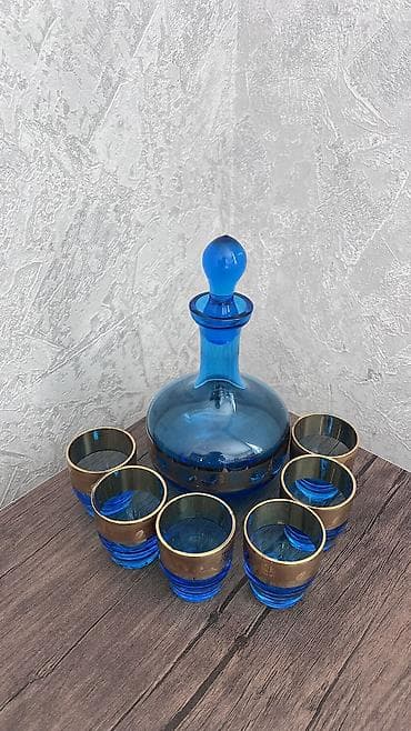 silver et ceken: 💙 Vintage mavi qrafin dəsti – 7 hissə 💙 ✨ 1 qrafin + 6 stəkan 💎 Zərif — 1