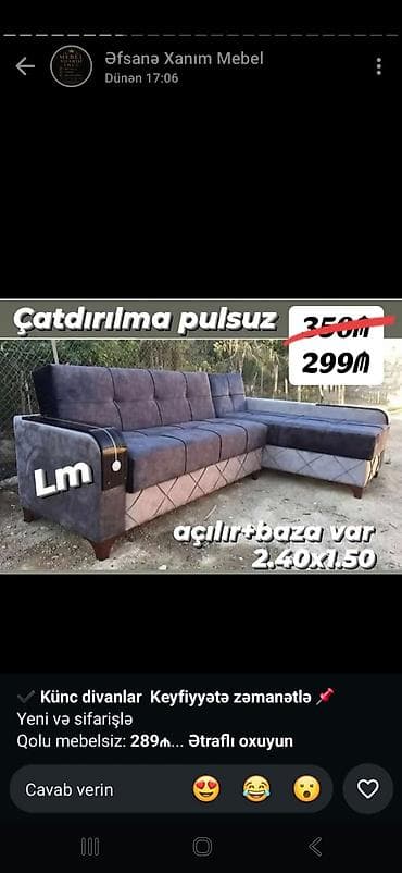 Künc divanı – açılır və bazalı model - Ölçü: 2.40 x 1.50 - Rəng