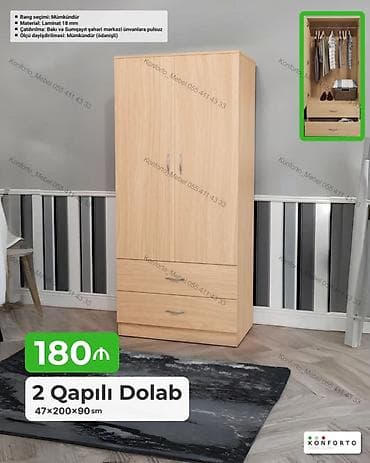 2 qapılı geyim dolabı Ölçü: 47 × 200 × 90 sm Qiymət: 180 ₼ (şəkildə — 1