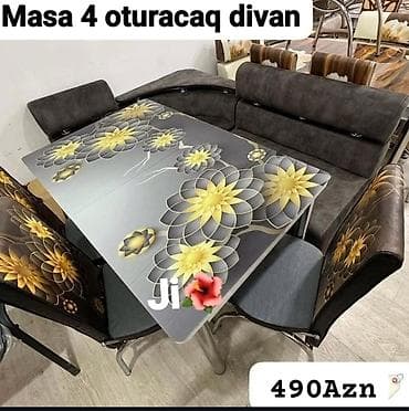 Mətbəx dəsti: masa + 4 oturacaq divan - Modern dizaynlı şüşəüstü — 1