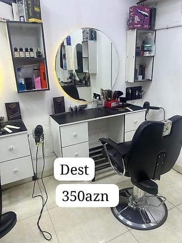 bərbər ustolu: Bərbər mebel dəsti – 350 AZN - Geniş iş masası: 2 tərəfdə 2 çekmecə — 1