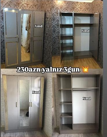 Yeni, 3 qapılı, Güzgülü, Boz, Digər material, Açılan, Düz dolab