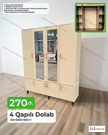 dolab skaf: 4 qapılı paltar dolabı – 40×200×160 sm - Rəng seçimi: mümkündür - — 1