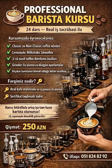 Professional Barista Kursu – 24 dərs, real iş təcrübəsi ilə