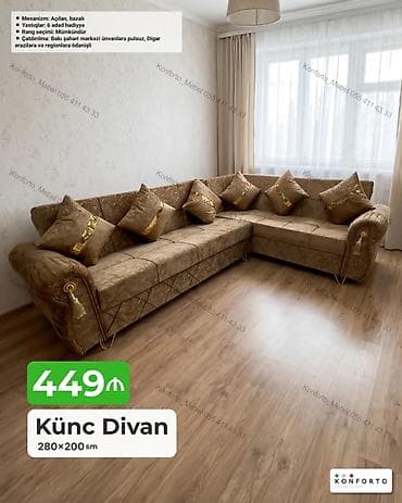 kreditle kunc divanlar: Künc divan – 280×200 sm - Mexanizm: açılan, bazalı (yuxarı qalxan — 1