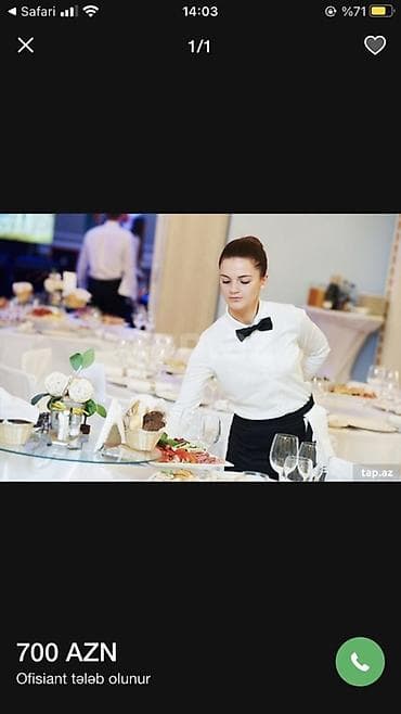 barmen maaşı: Ofisiant tələb olunur, Restoran, Gündəlik ödəniş — 1