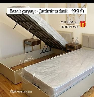 Bazalı tək çarpayı – ölçü: 90 sm x 200 sm. Yuxarı qalxan mexanizmli