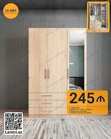 3 qapılı, Digər rəng, Taxta, Açılan, Düz dolab
