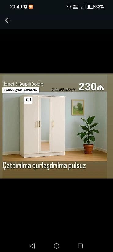 3 qapılı, Güzgülü, Bej, Açılan, Düz dolab