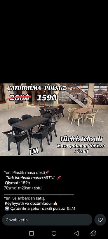 Dördbucaq masa, 6 stul, Qatlanan, Stullar ilə, Plastik, Türkiyə