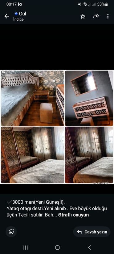 otaq gulleri: ✔️3000 man(Yeni Günəşli). Yataq otağı desti.Yeni alınıb . Eve böyük — 1