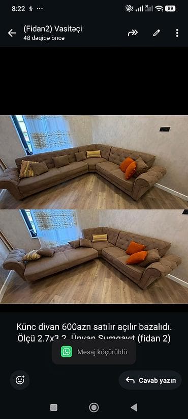 Künc divan 600azn satılır açılır bazalıdı. Ölçü 2.7x3.2 Ünvan