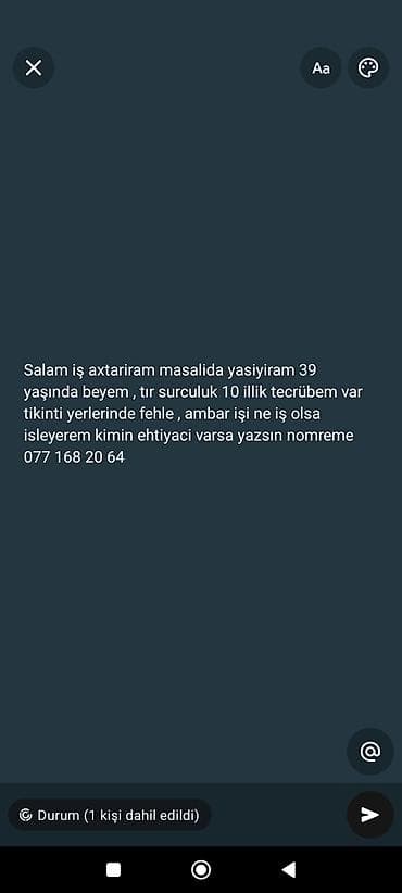 Yük maşını sürücüsü, 39 yaş, stajı 10 il, (E)