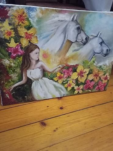 Mövzu: Qız, atlar və çiçəklər kompozisiyalı orijinal yağlı boya tablo