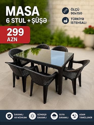 stul bar: Məhsul: Masa dəsti – 6 stul + şüşə üstlü masa Xüsusiyyətlər: - Ölçü — 1