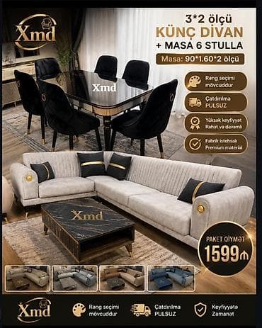 mətbəx divan dəsti: Künc divan + masa və 6 stul dəsti - Divan: 3x2 ölçü, premium — 1