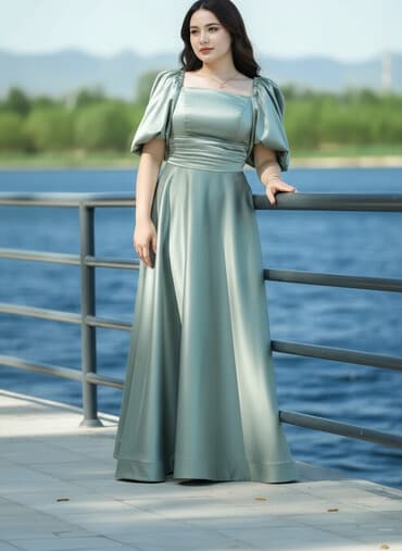 Zərif ziyafət libası – açıq adaçayı-yaşıl tonunda, uzun və axıcı