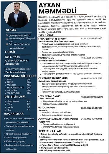 Xidmət: Satınalma və təchizat üzrə mütəxəssis (CV) Ad: Ayxan Məmmədli lalafo.az -da Xidmət: Satınalma və təchizat üzrə mütəxəssis (CV) Ad: Ayxan Məmmədli