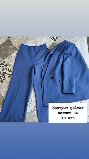Məhsul: Qadın kostyum-şalvar dəsti - Rəng: mavi - Dəst: pencək +