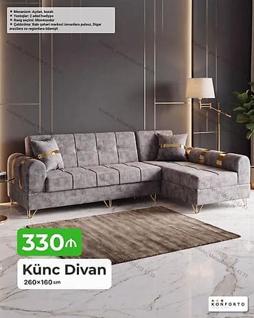 Künc divan – 260×160 sm - Mexanizm: açılan, bazalı (yataq funksiyası