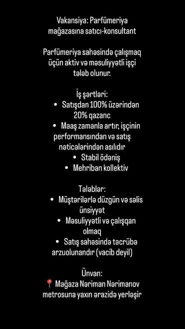 lazer isci: ⸻ Vakansiya: Parfümeriya mağazasına satıcı-konsultant Parfümeriya — 1