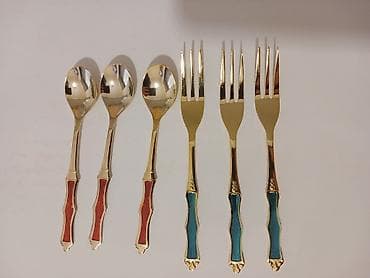 balaca tortlar: Qızılı rəngdə desert dəsti – 6 parça - 3 ədəd qaşıq və 3 ədəd çəngəl — 1