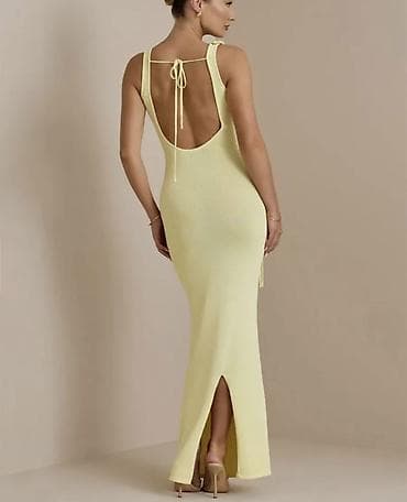 Sarı rəngli zərif trikotaj maxi don - Model: bədənə oturan, torlu — 3