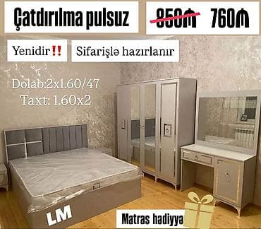 Ev üçün mebel: Yataq otağı dəsti – modern dizayn, açıq boz rəng palitrası. Komplekt — 1