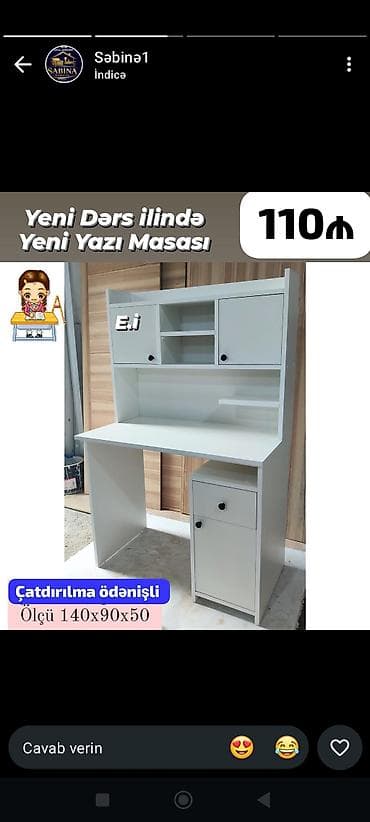 Yeni dərs ili üçün yazı masası Ölçü: 140 x 90 x 50 sm Rəng: ağ