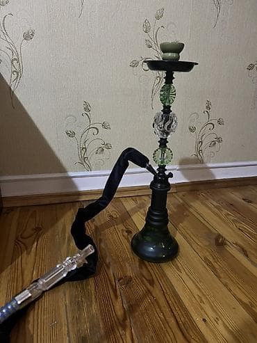 sulu qelyan satisi: Nargilə dəsti – şüşə gövdəli, metal şaxtalı, yaşıl-qara dizayn — 4