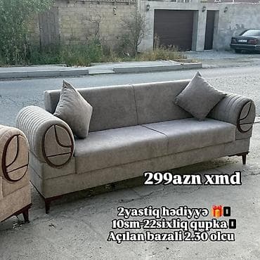 divan açılan: Açılan bazalı divan – 2.30 m ölçü. - Rəng: boz tonlarda. - Yumru qol — 1